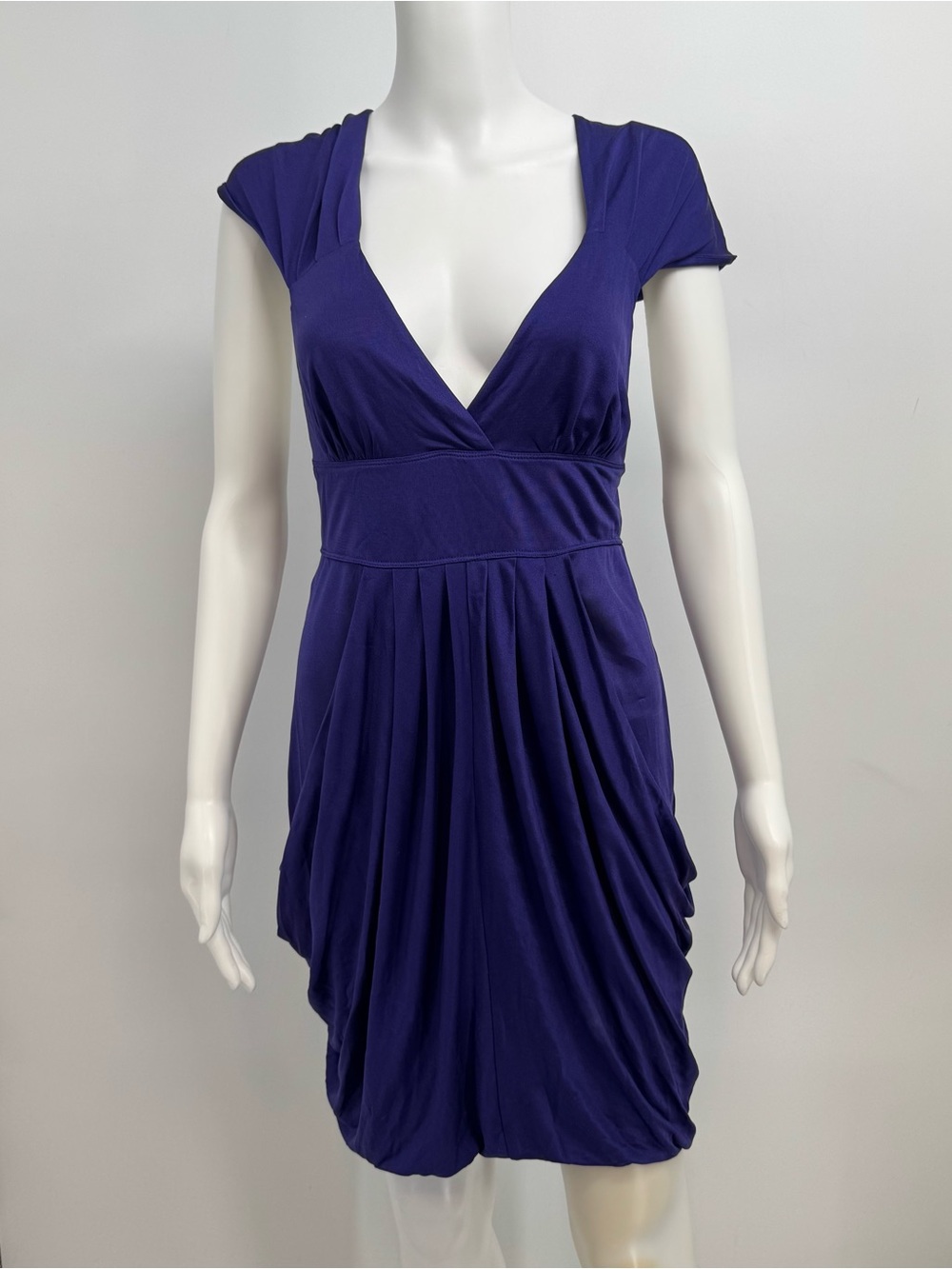 NWD Marciano Ruched Bodycon Dress Size M Purple Silk Jersey Cocktail V Neck